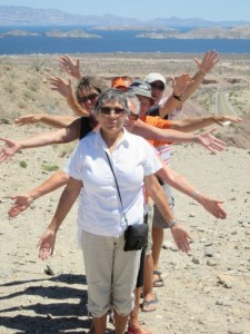  Posing at the overlook of the very scenic  Bahia de los Angeles. Our RV Park is in the background along the waters edge.  