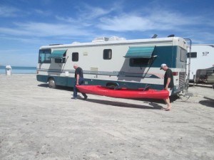 On RED Team, Harold and Stu prepare the kayak.